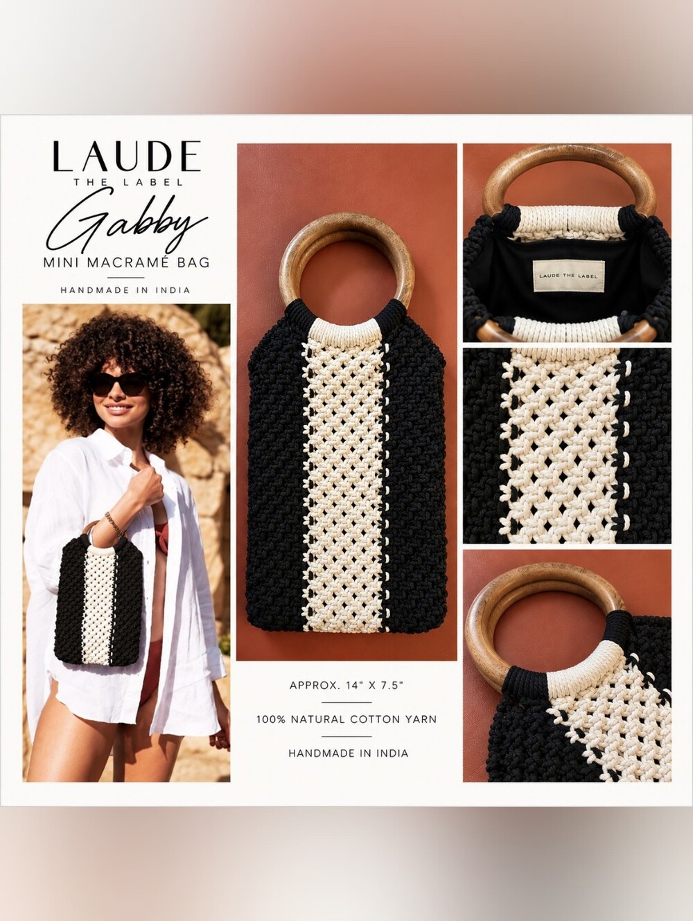 Laude The Label Gabby Mini Macramé Bag Black White Wood Handle EUC